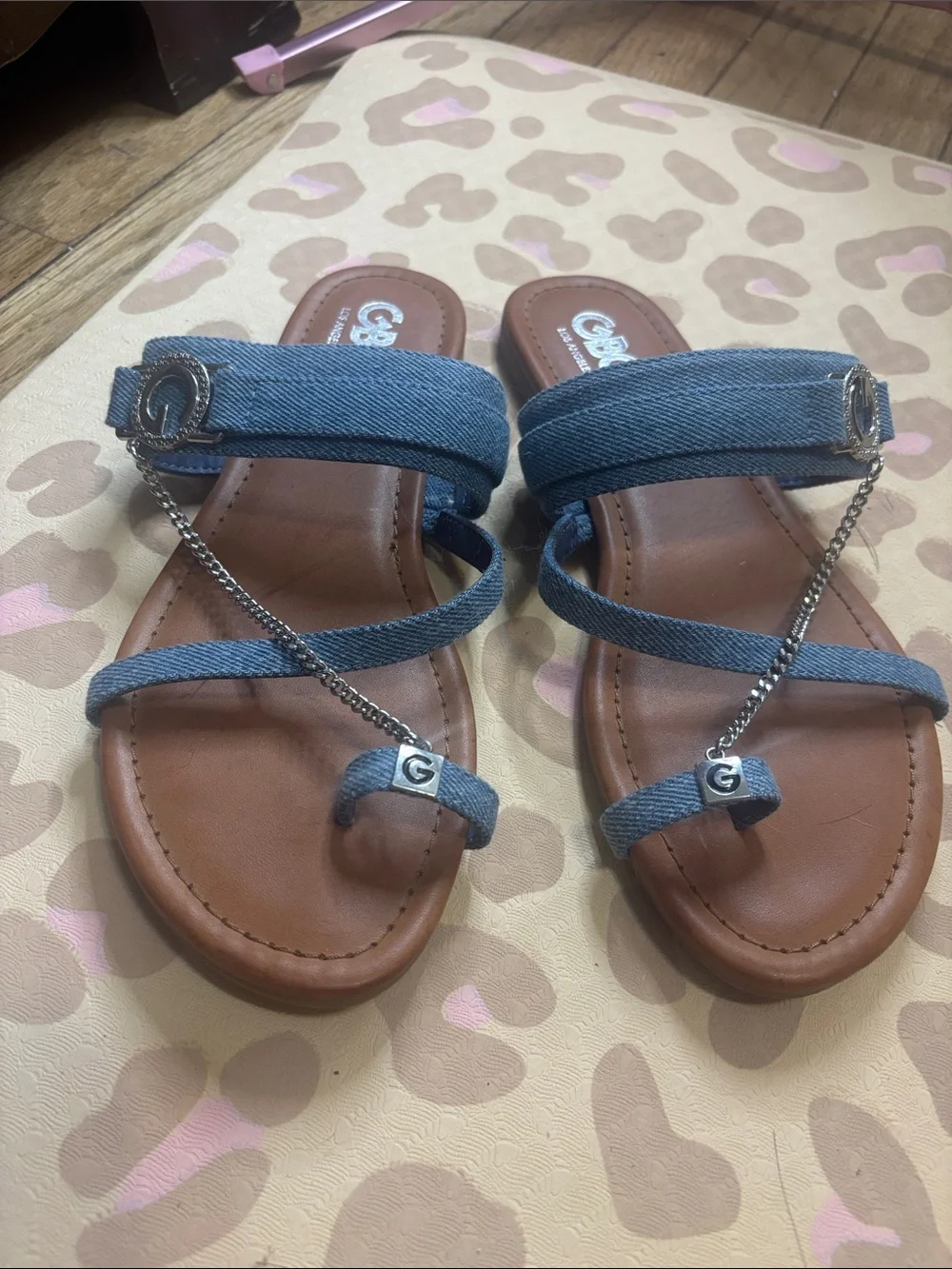G By Guess Denim-Strap Brown Footbed Sandals - Blue